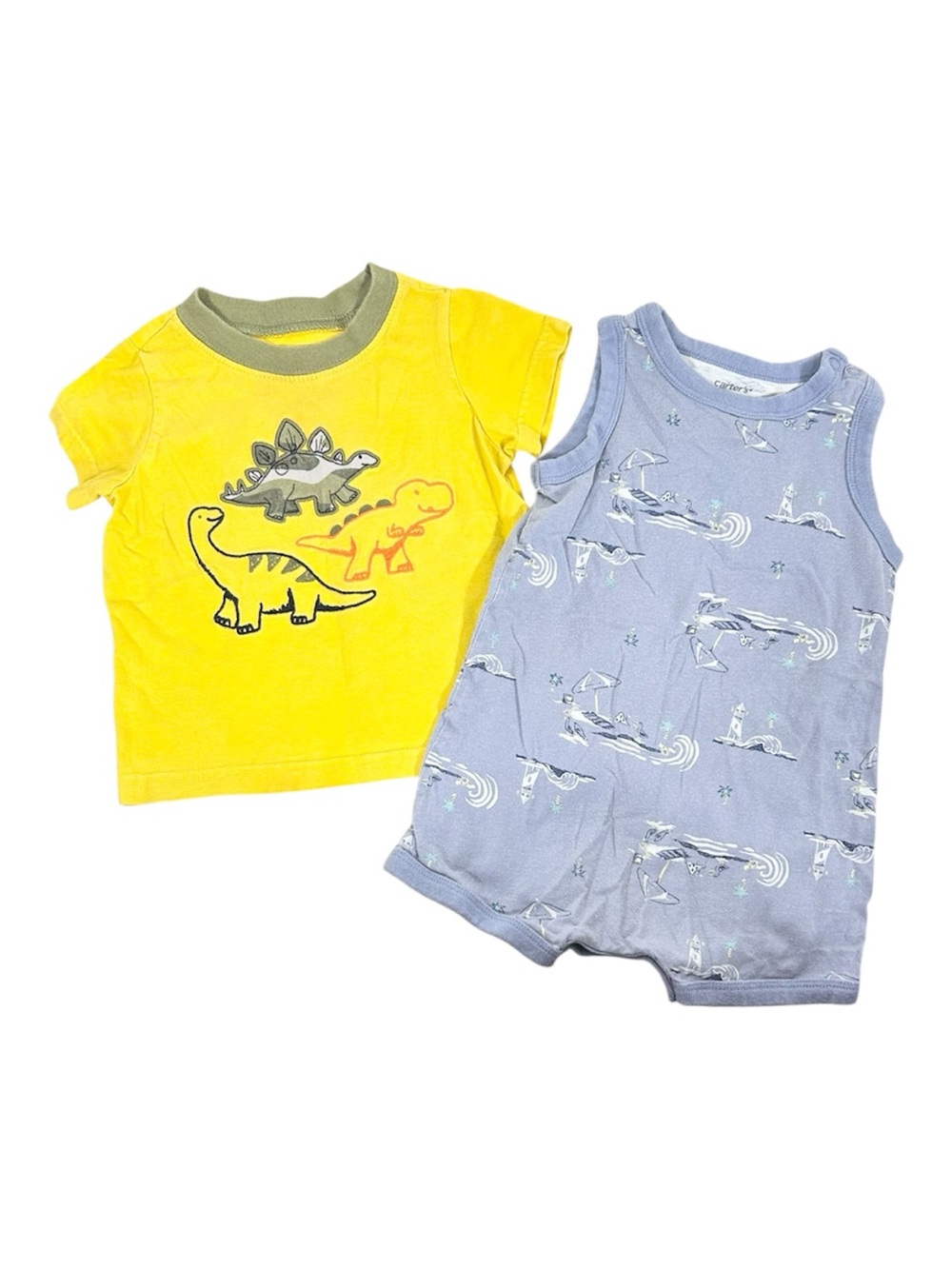 Carter's Baby Boy 12M Lot 2pc Yellow Dinosaur Tee Blue Beach Romper